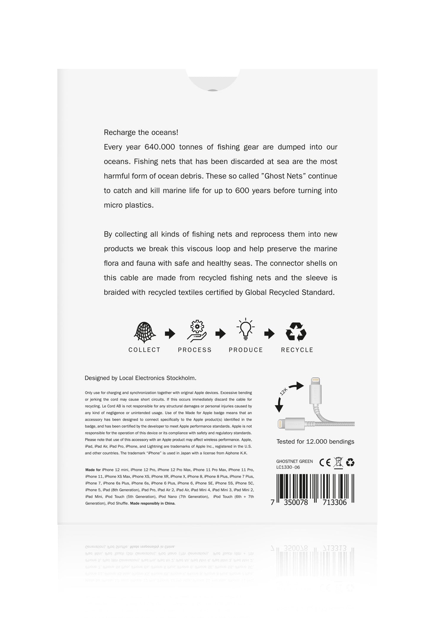 Green iPhone Lightning Cable · 2 Meter · Made of Recycled Fishing Nets
