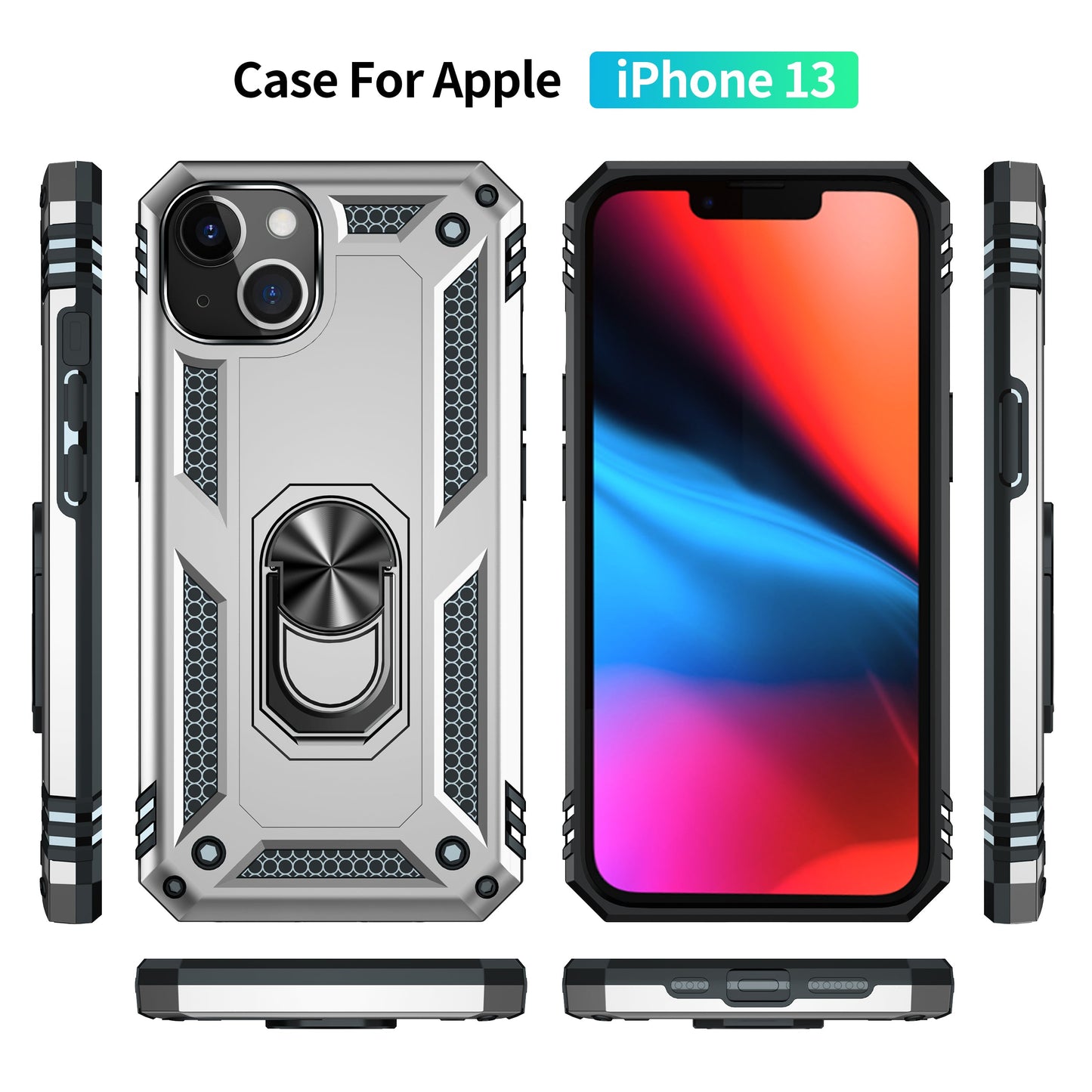 iPhone 13 Case With Kickstand, Heavy Duty Military Grade Protection Phone Case, Built-In 360° Rotate Ring Stand, Shockp