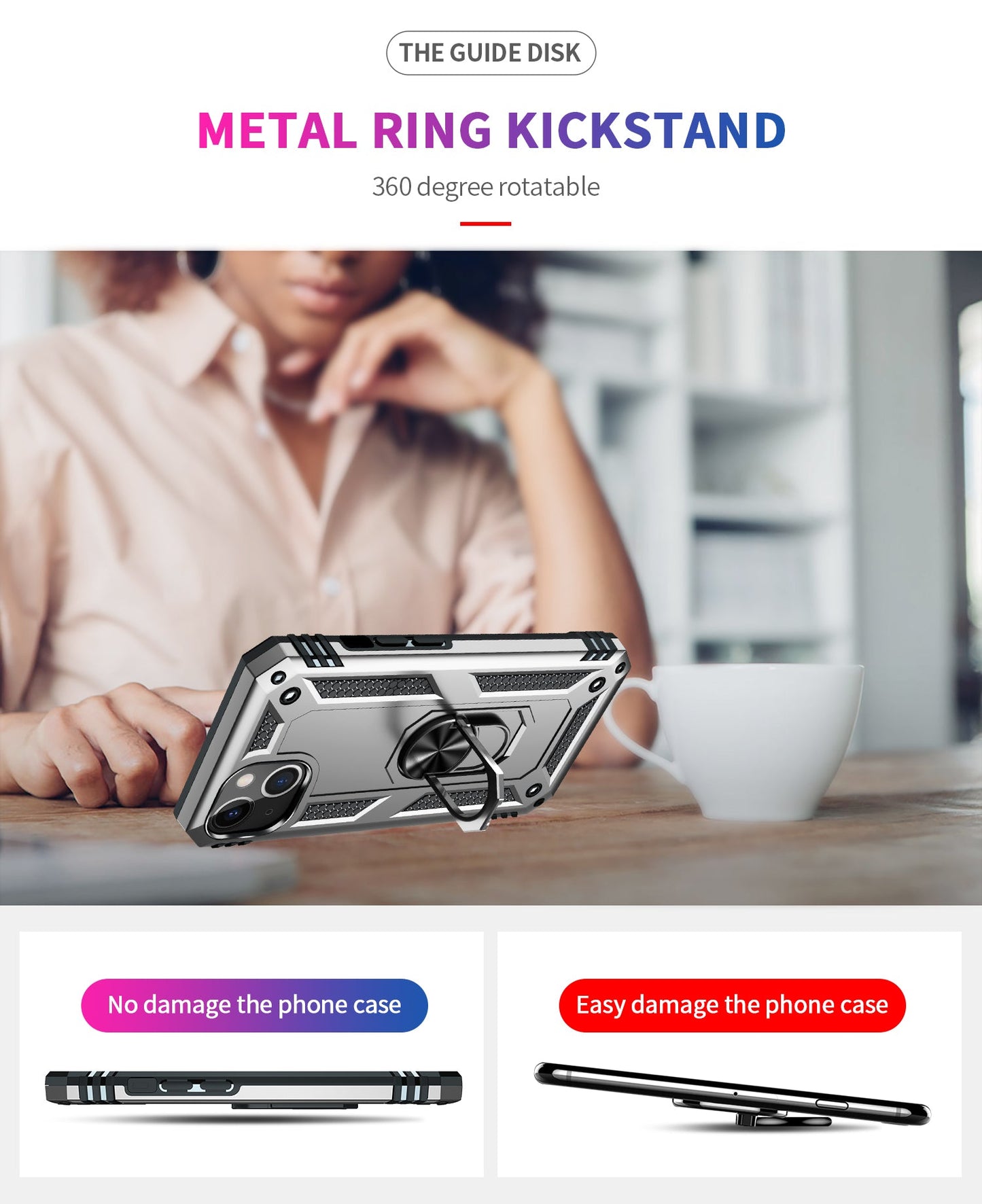 iPhone 13 Case With Kickstand, Heavy Duty Military Grade Protection Phone Case, Built-In 360° Rotate Ring Stand, Shockp