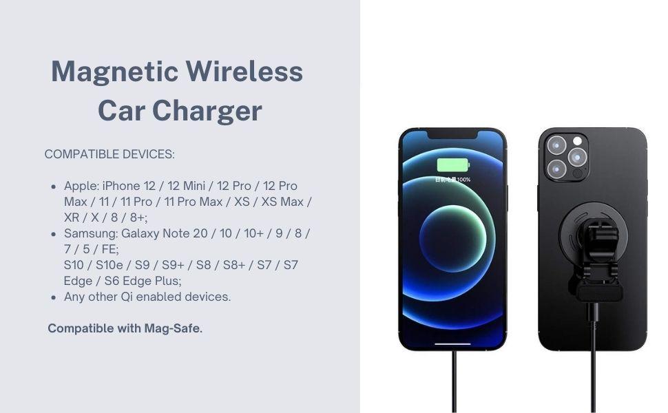 MAGNETISK TRÅDLÖS BIL LADDARE FÖR iPHONE 12/13/14 SERIEN / MAGSAFE SHELL, QC 3.0 ADAPTER INGÅR