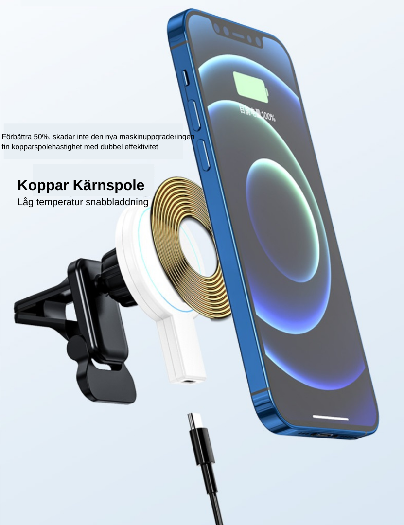 MAGNETISK TRÅDLÖS BIL LADDARE FÖR iPHONE 12/13/14 SERIEN / MAGSAFE SHELL, QC 3.0 ADAPTER INGÅR