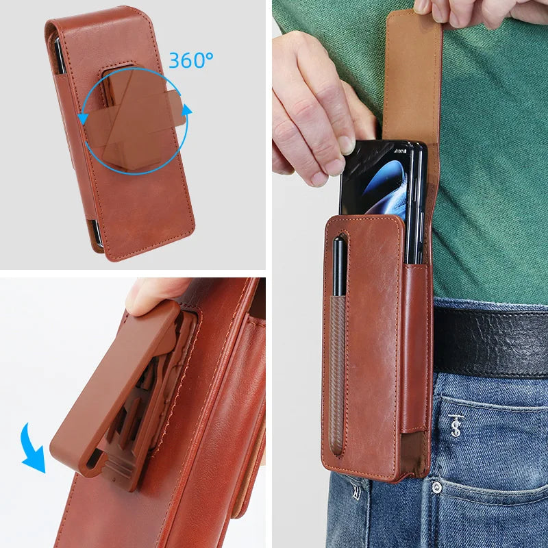 Men Durable Leather Belt Pouch Waist for Cell Phone for Samsung Galaxy Z Fold 4 3 Phone Pocket Waist Bag for Men Leather Pouch