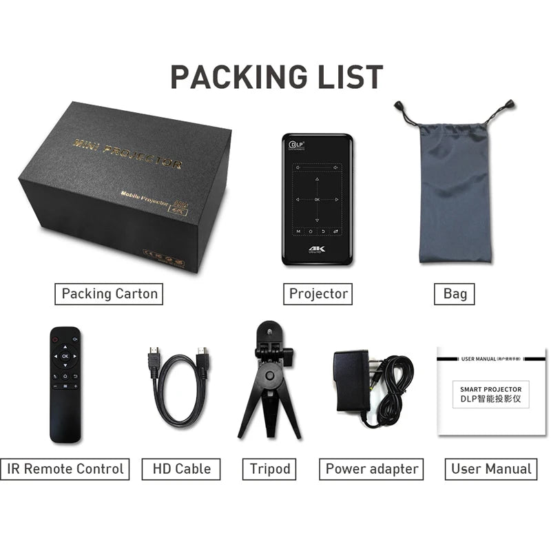 4K Mini Mobile Projector Android 9.0 3D BT4.1 Portable HD Projector