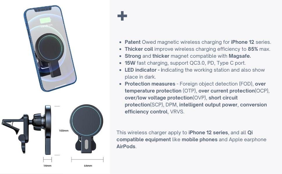 MAGNETISK TRÅDLÖS BIL LADDARE FÖR iPHONE 12/13/14 SERIEN / MAGSAFE SHELL, QC 3.0 ADAPTER INGÅR