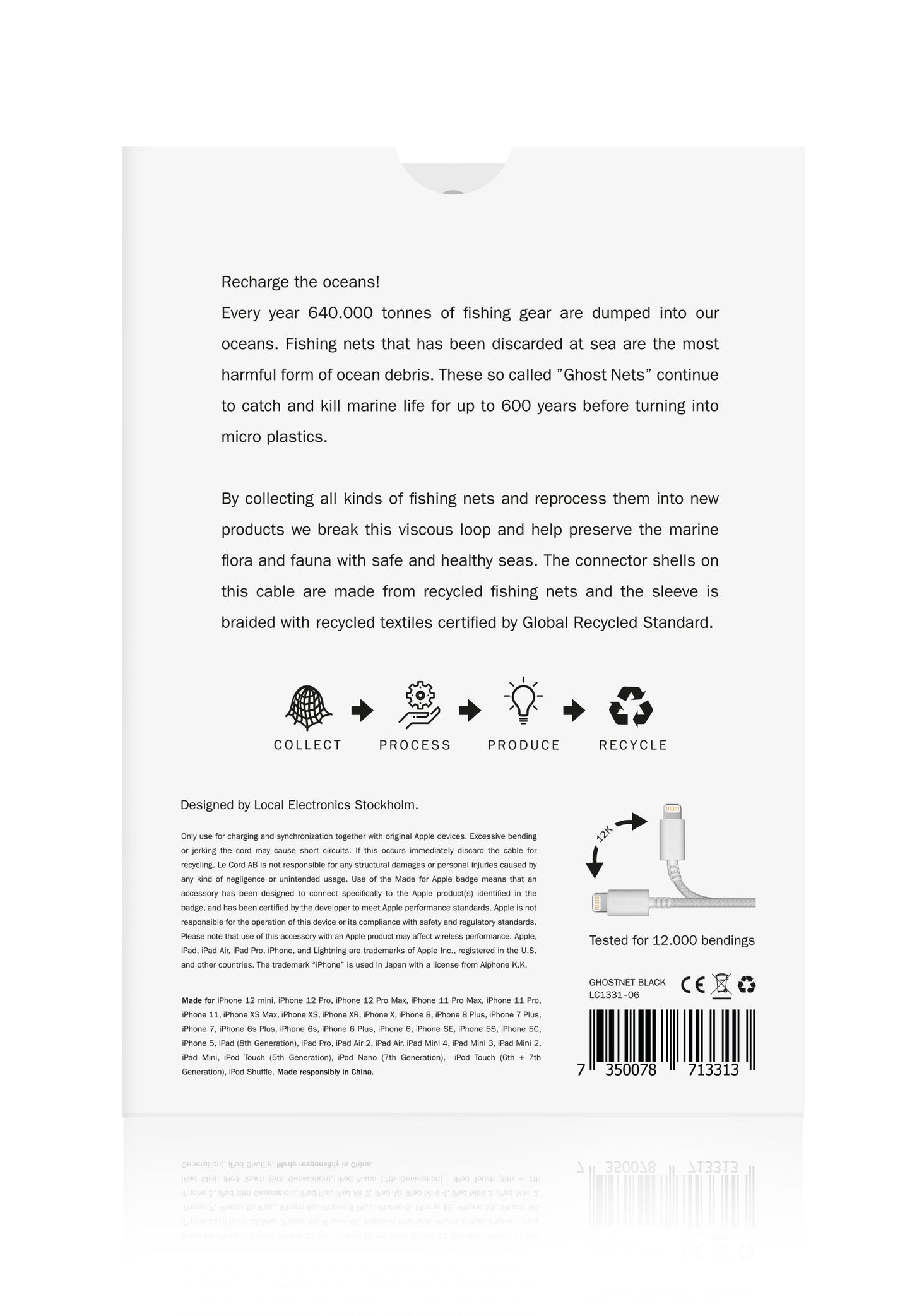 Black iPhone Lightning Cable · 2 Meter · Made of Recycled Fishing Nets