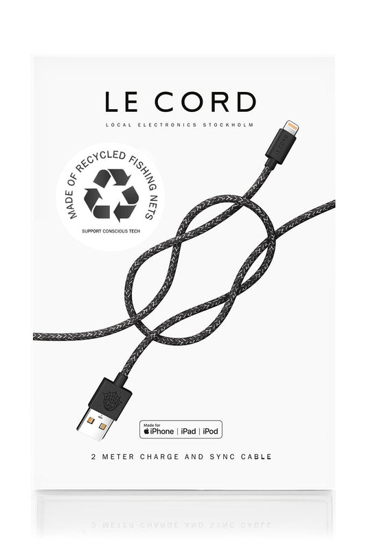 Black iPhone Lightning Cable · 2 Meter · Made of Recycled Fishing Nets
